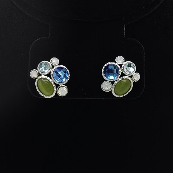 Silver Blue Green Rhinestone Opal Pierced Post-Back Earrings - Picture 1 of 4